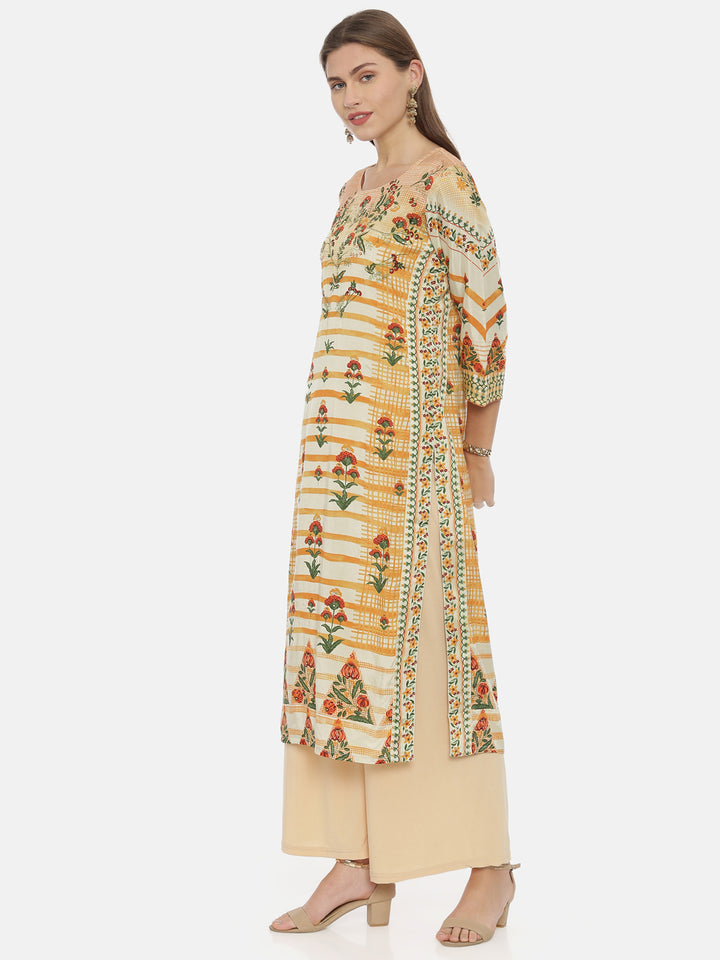 Neerus Orange cotton printed straight kurta - side view