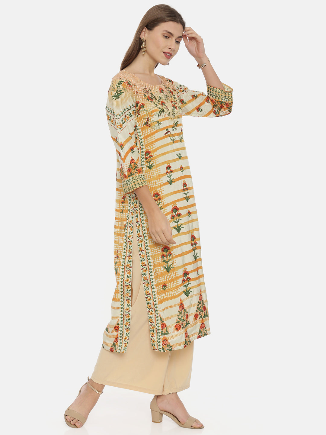 Neerus Orange cotton printed straight kurta - detail view 1