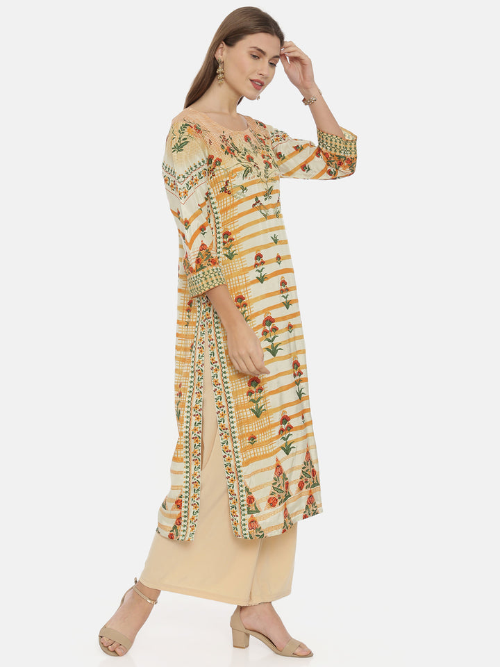 Neerus Orange cotton printed straight kurta - detail view 1