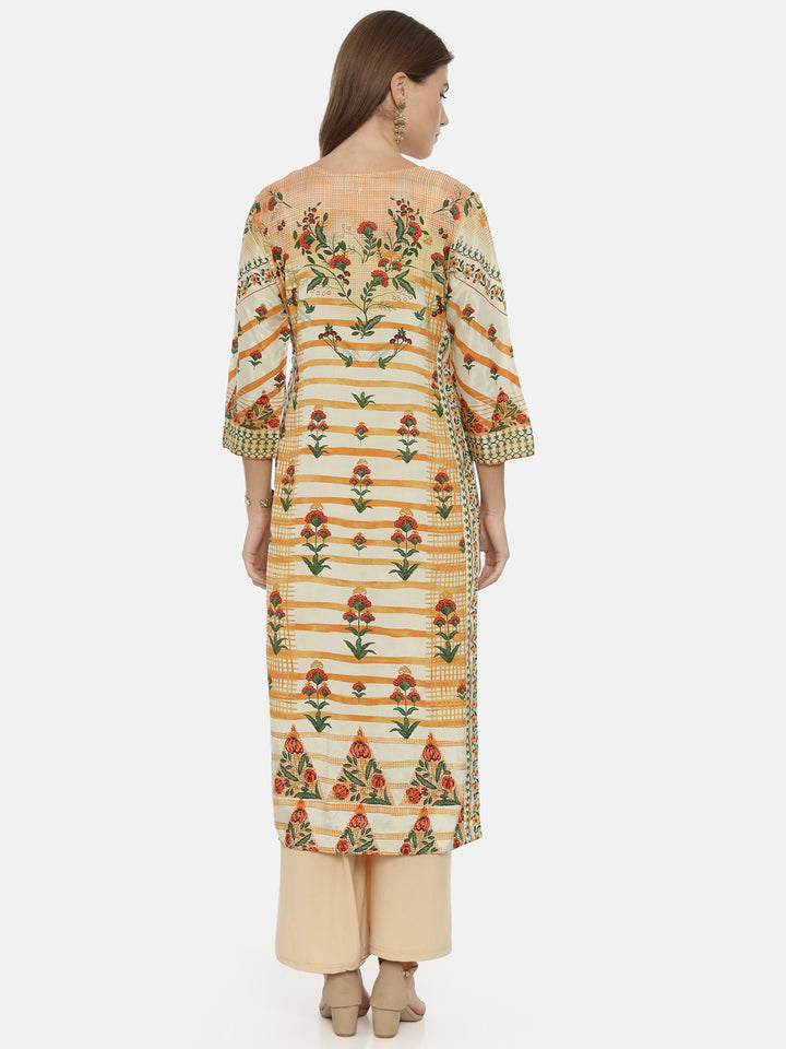 Neerus Orange cotton printed straight kurta - detail view 2