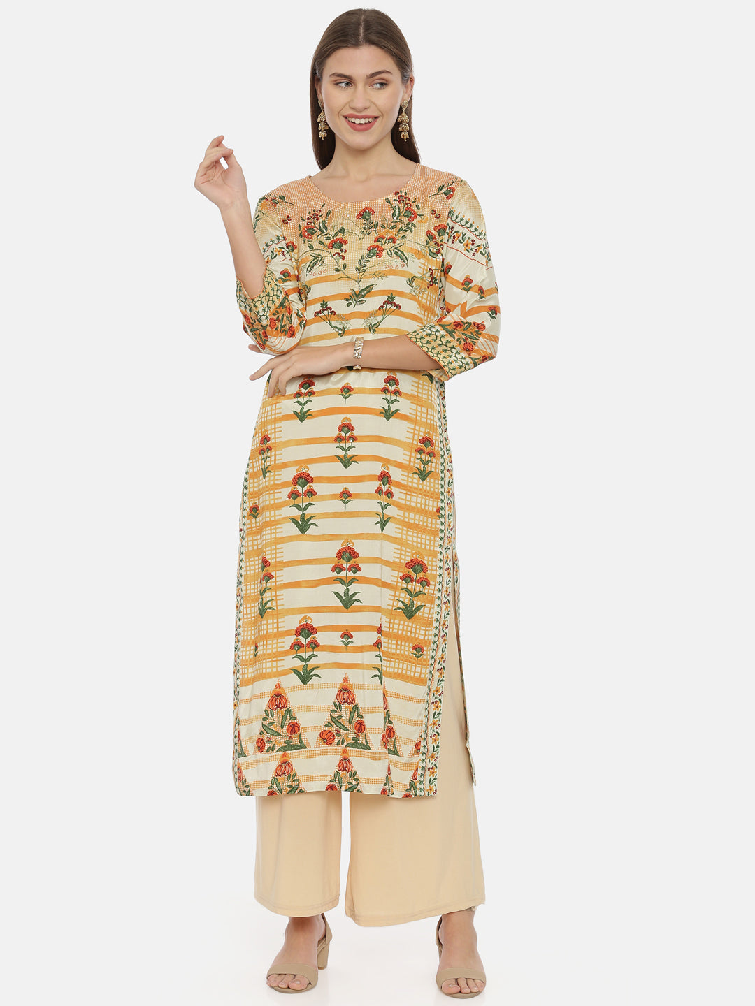 Neerus Orange cotton printed straight kurta - detail view 3