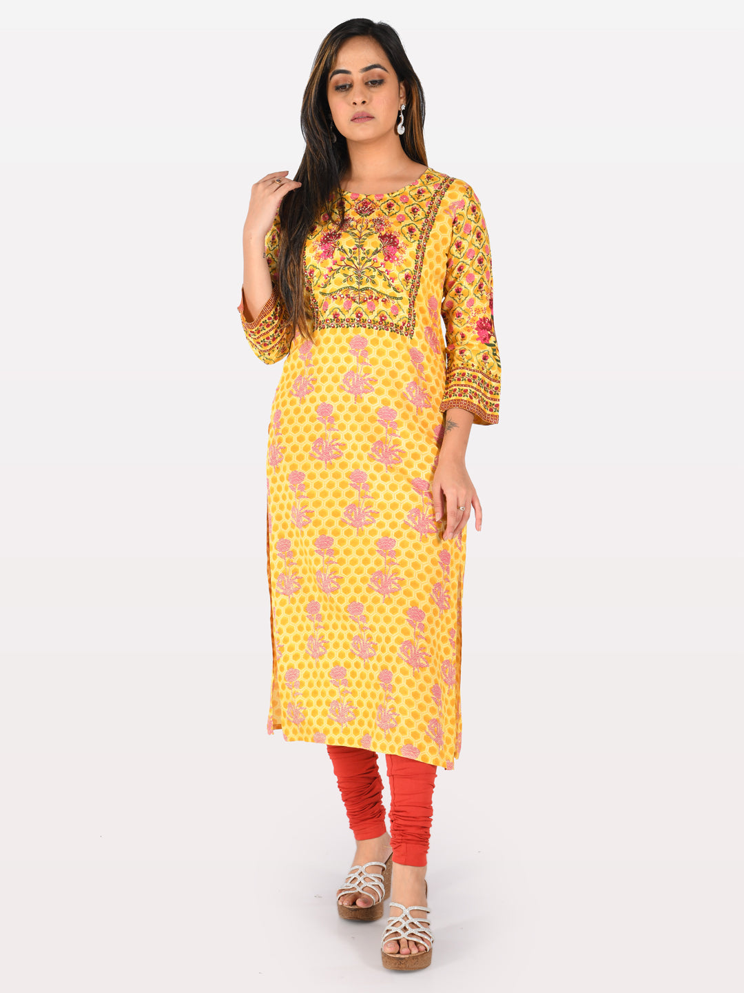 Neeru's Yellow Printed Straight Kurta