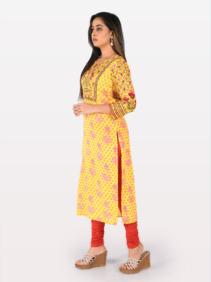 Neerus Yellow Printed Straight Kurta
