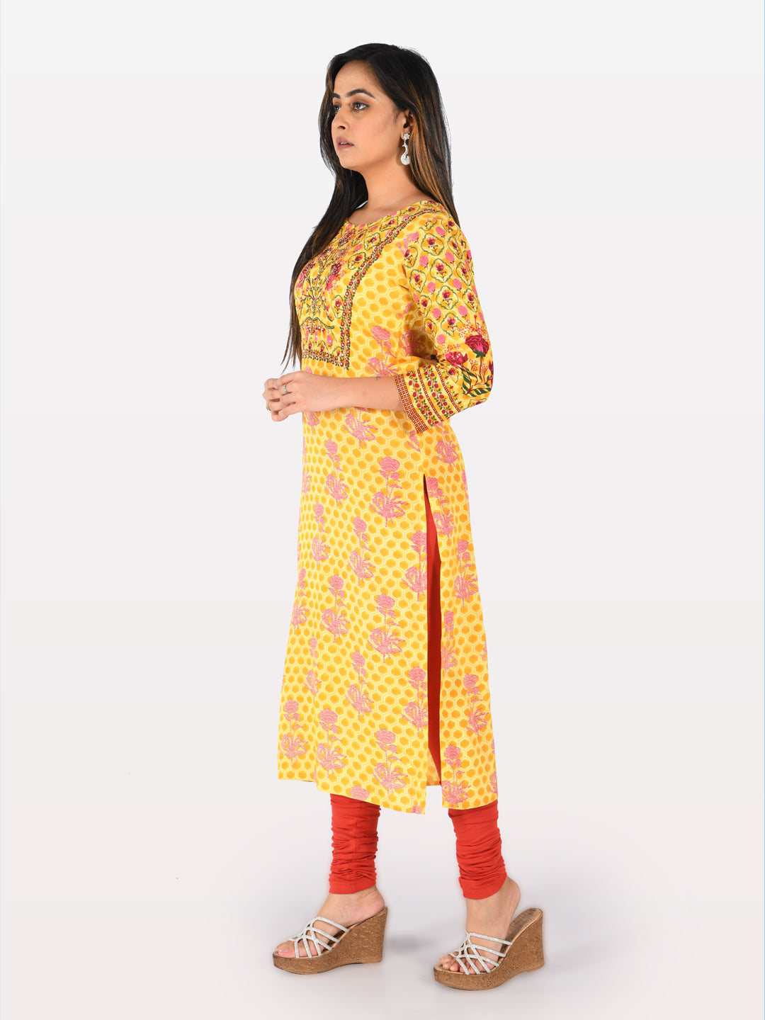 Neeru's Yellow Printed Straight Kurta