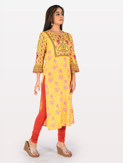 Neeru's Yellow Printed Straight Kurta