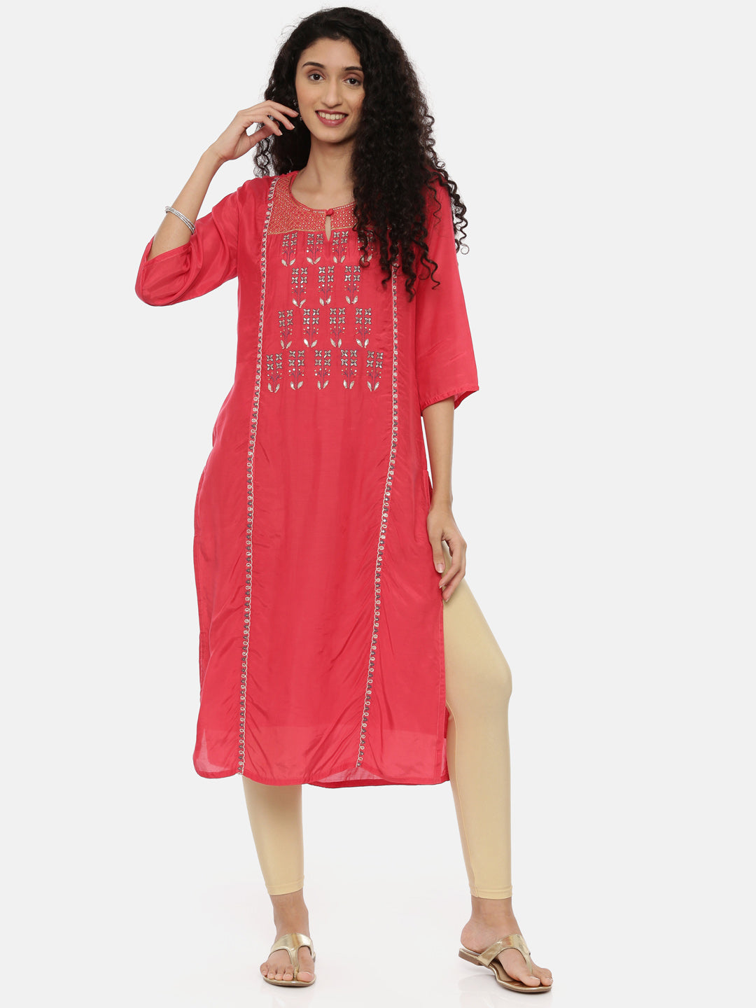 Neerus Coral Zari Straight Kurta