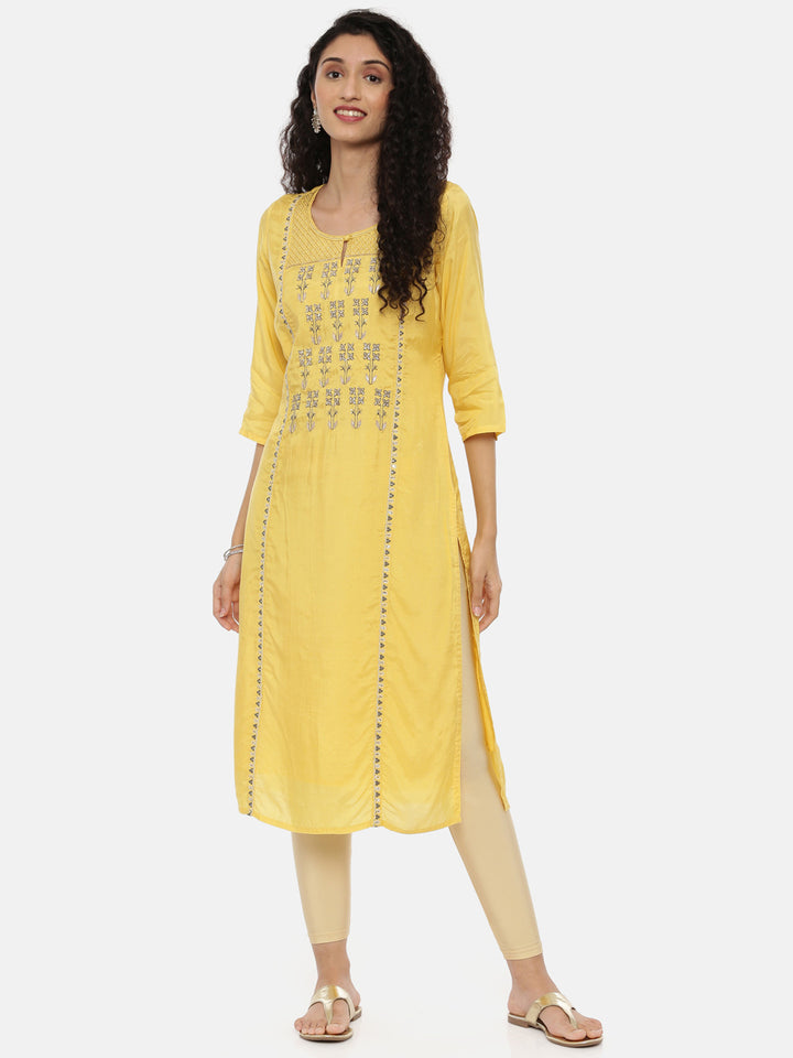 Neerus Yellow Zari Straight Kurta