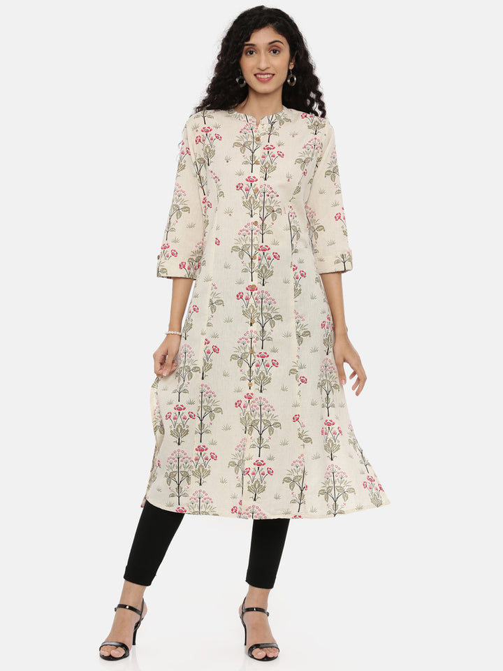 Neerus Beige cotton printed A-line kurti - front view