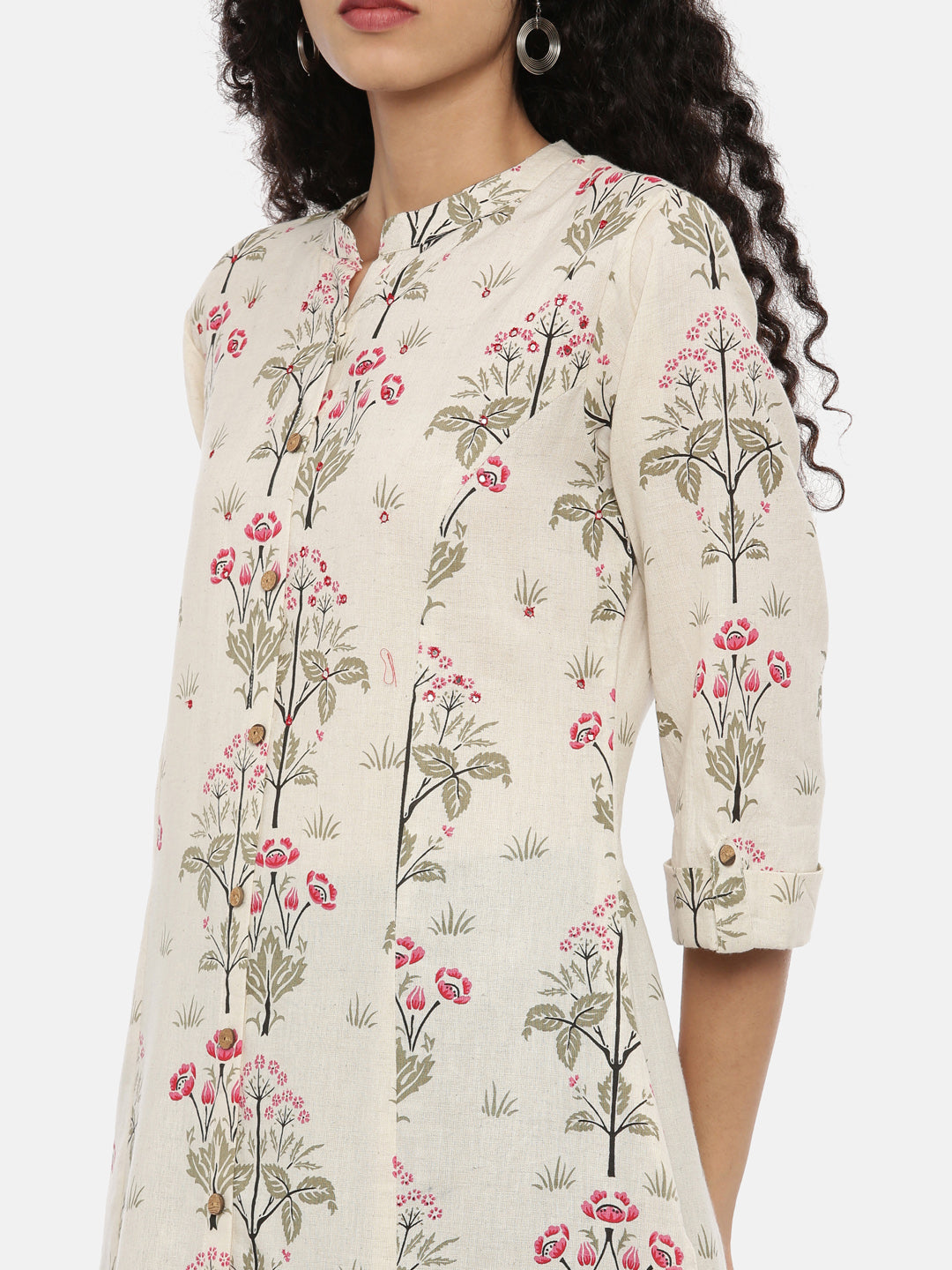 Neerus Beige cotton printed A-line kurti - back view