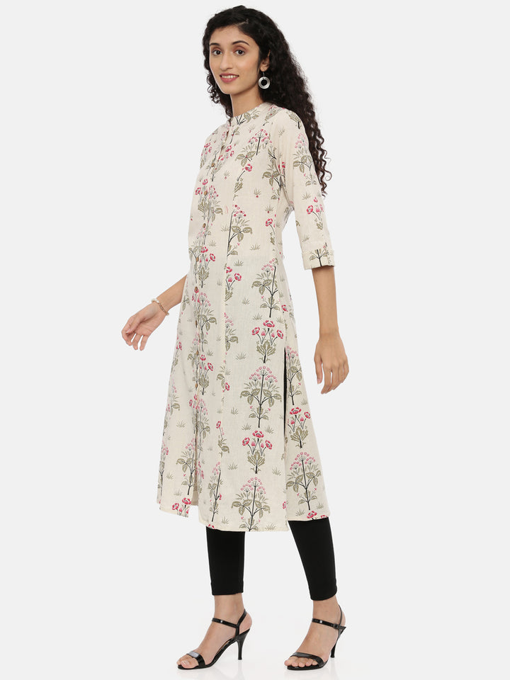 Neerus Beige cotton printed A-line kurti - side view