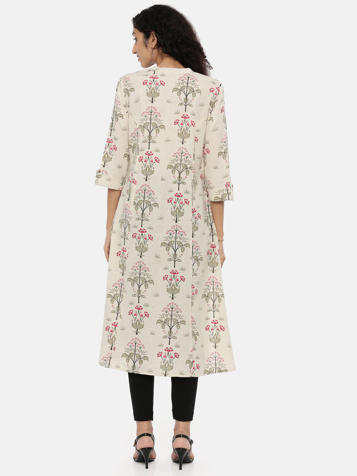 Neerus Beige cotton printed A-line kurti - detail view 1