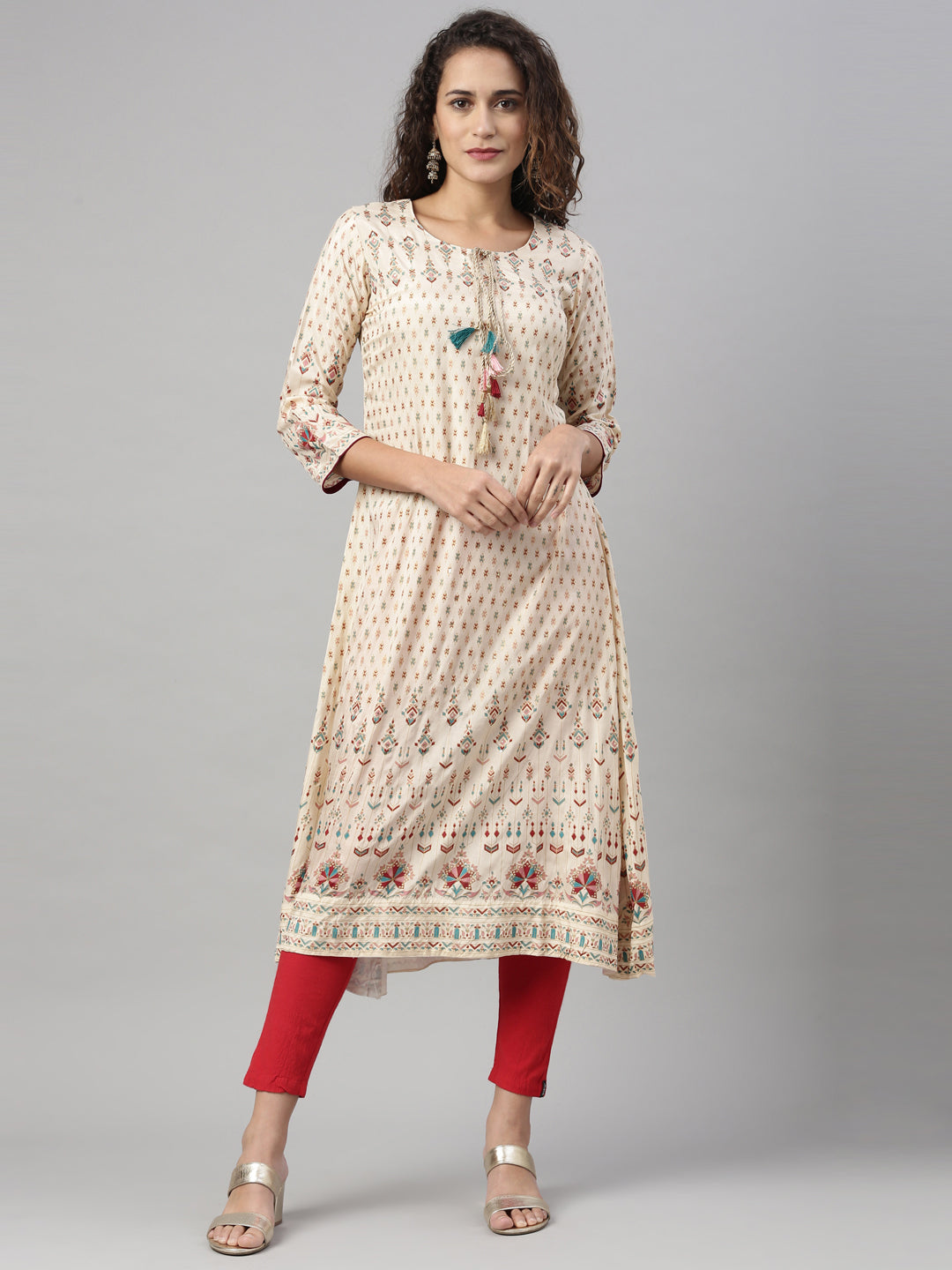 Neerus Cream shantoon printed A-line kurta - detail view 4