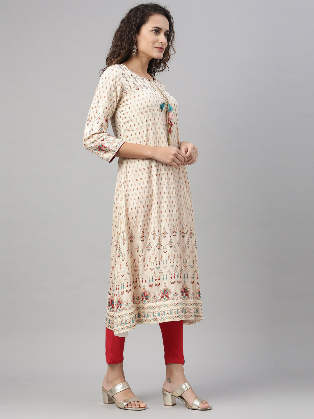 Neerus Cream shantoon printed A-line kurta - front view