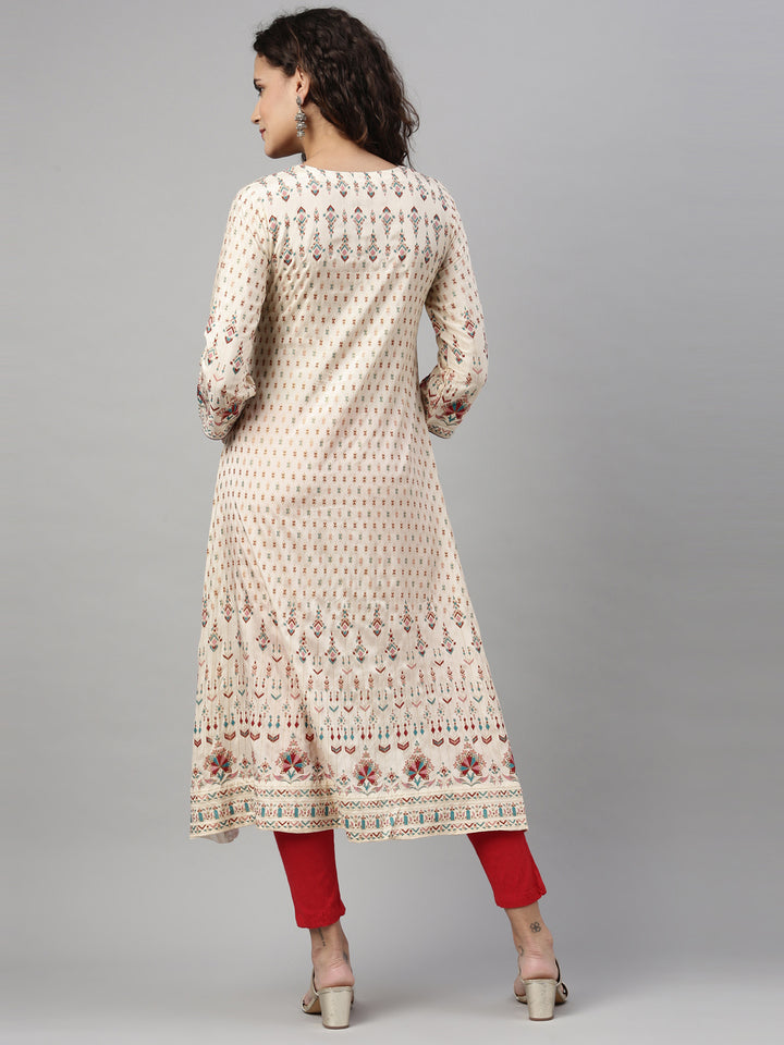 Neerus Cream shantoon printed A-line kurta - back view