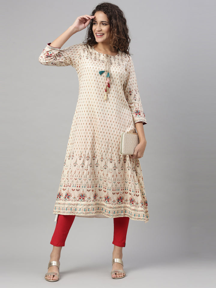 Neerus Cream shantoon printed A-line kurta - detail view 1