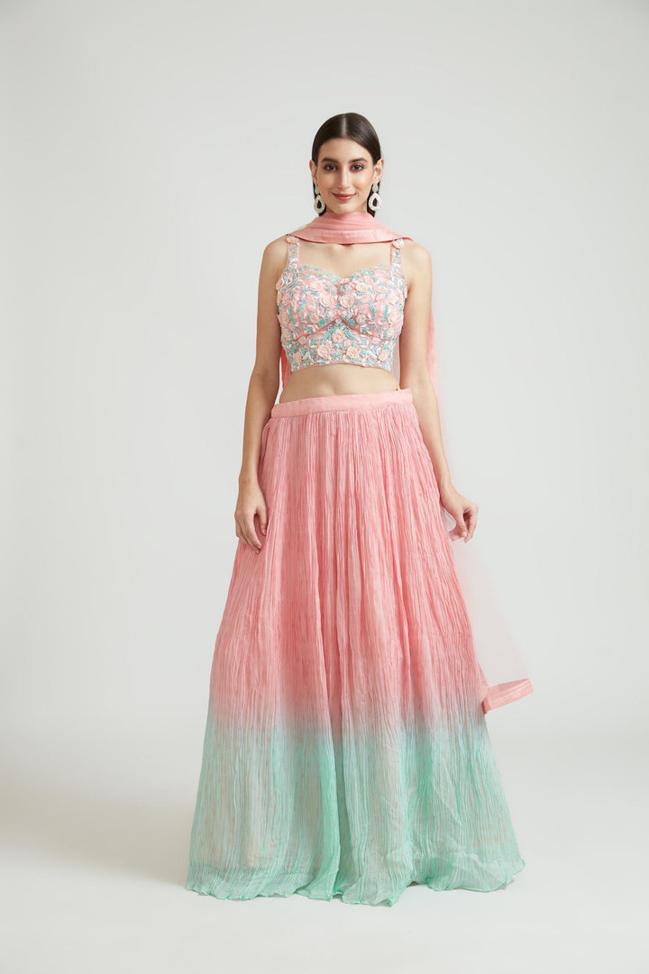 Neerus Pink georgette embellished lehenga choli set - front view