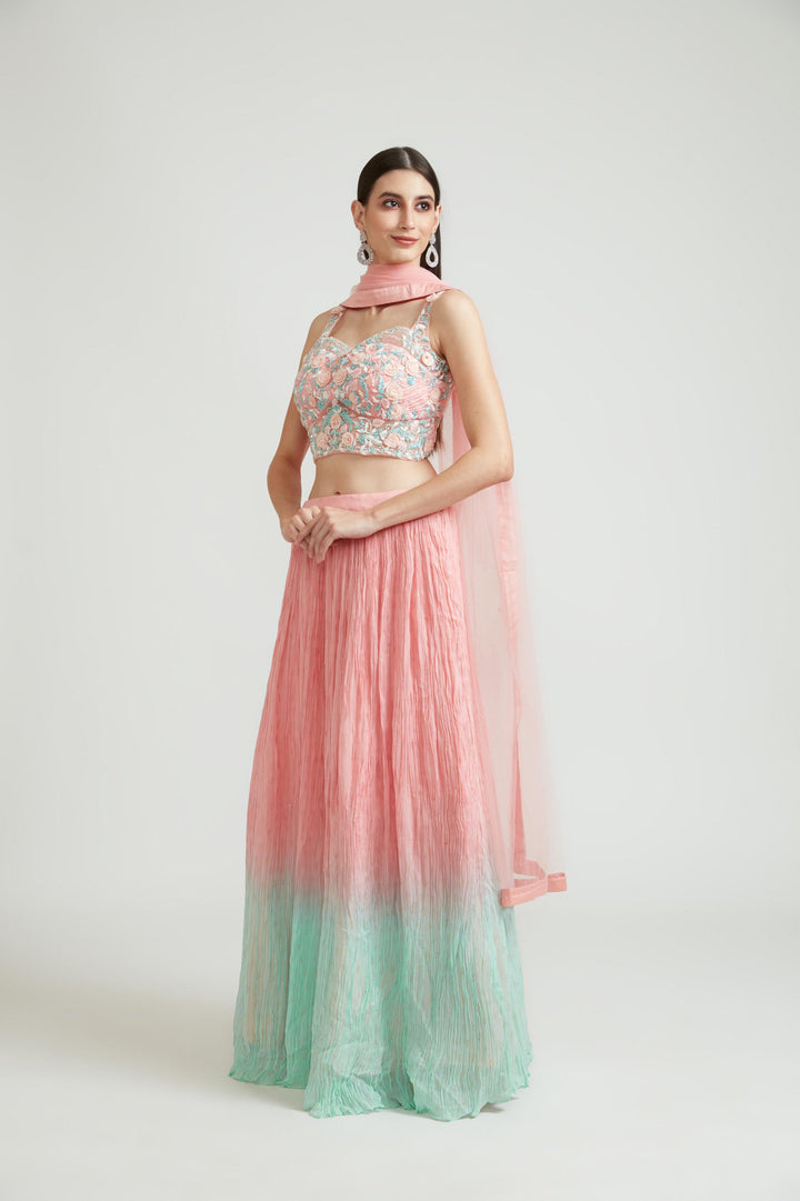 Neerus Pink georgette embellished lehenga choli set - back view