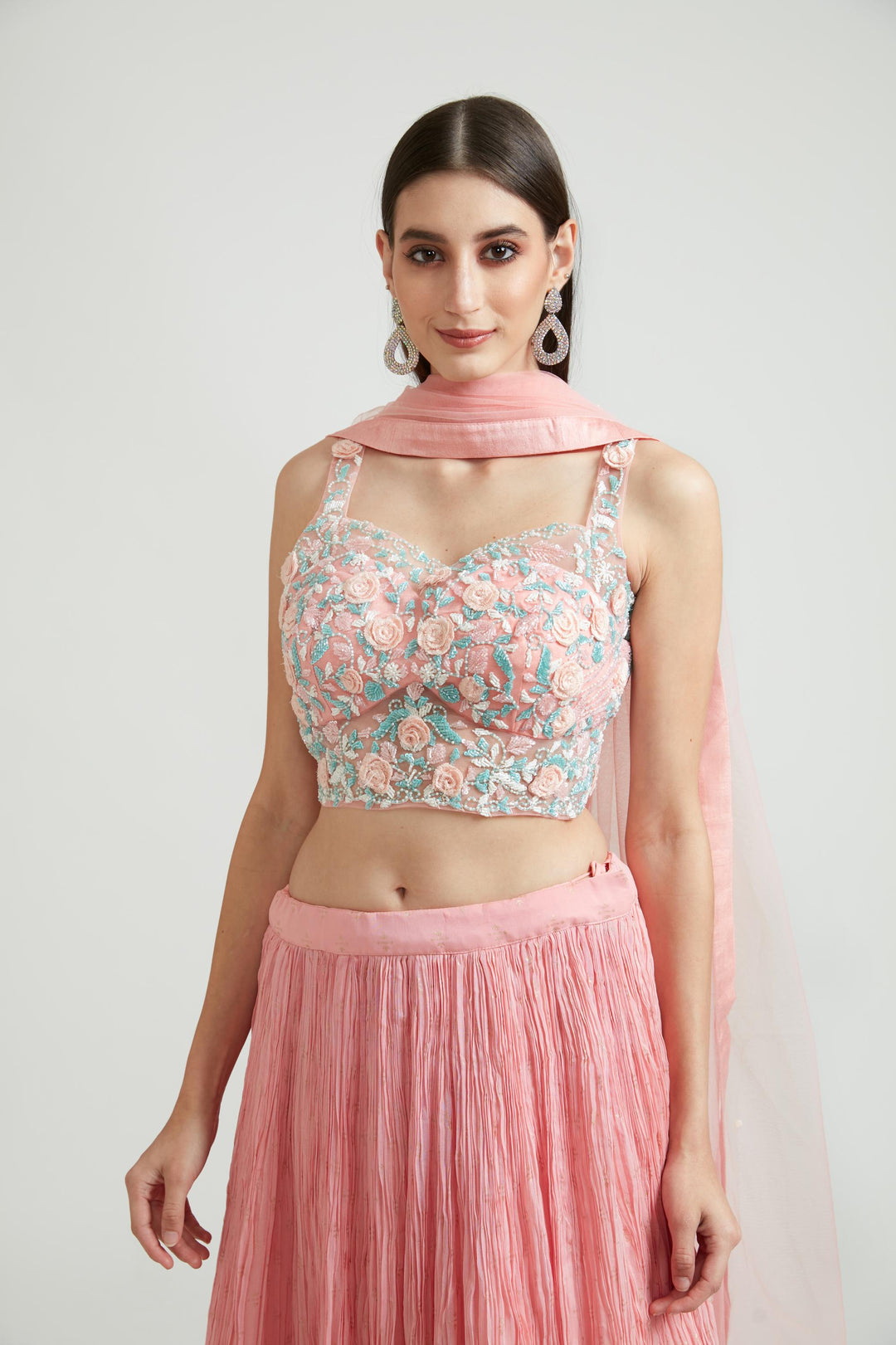 Neerus Pink georgette embellished lehenga choli set - side view