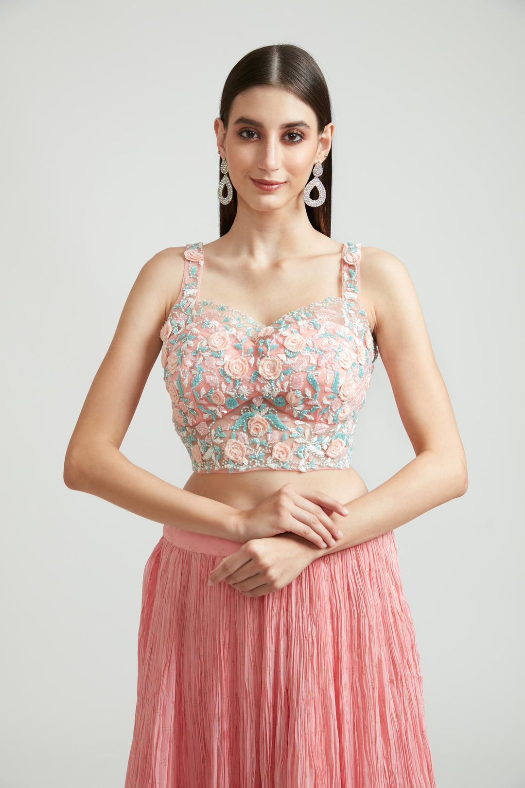 Neerus Pink georgette embellished lehenga choli set - detail view 1