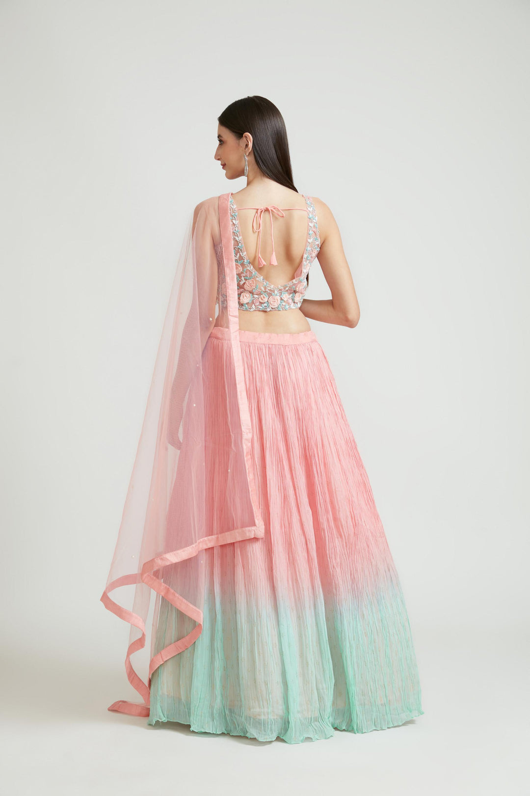 Neerus Pink georgette embellished lehenga choli set - detail view 3