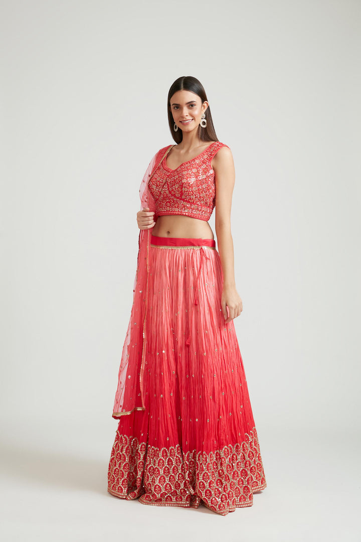 Neerus Red silk lehenga choli set - front view