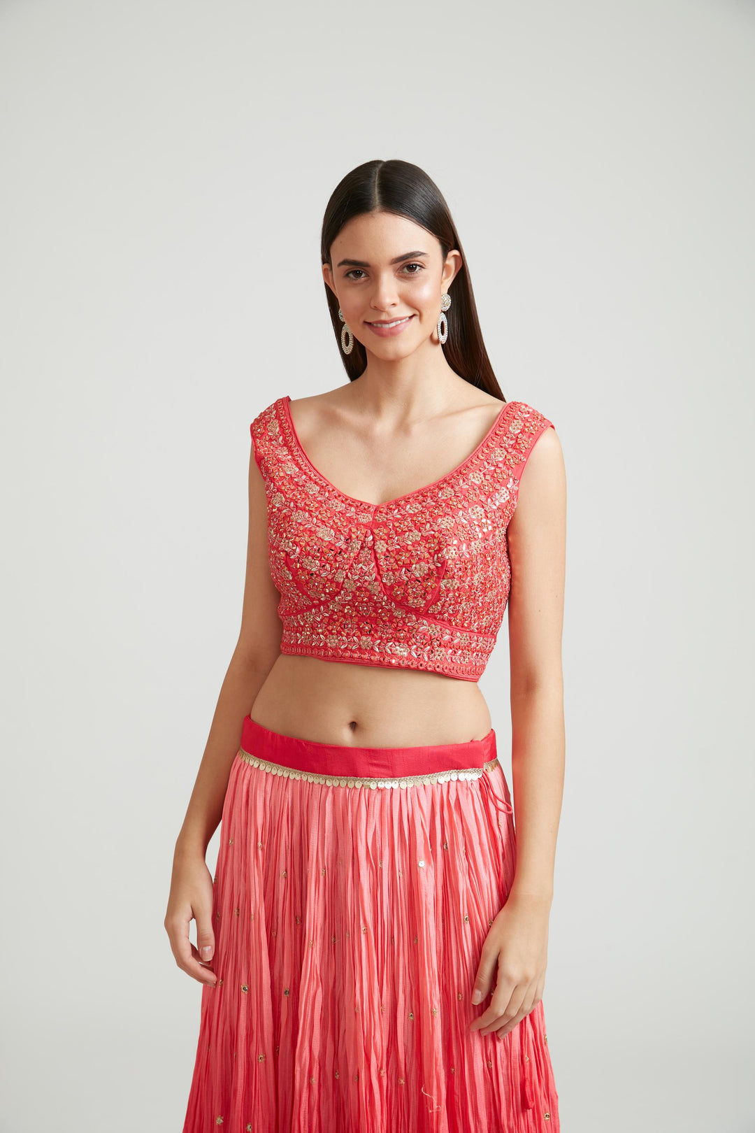 Neerus Red silk lehenga choli set - detail view 1