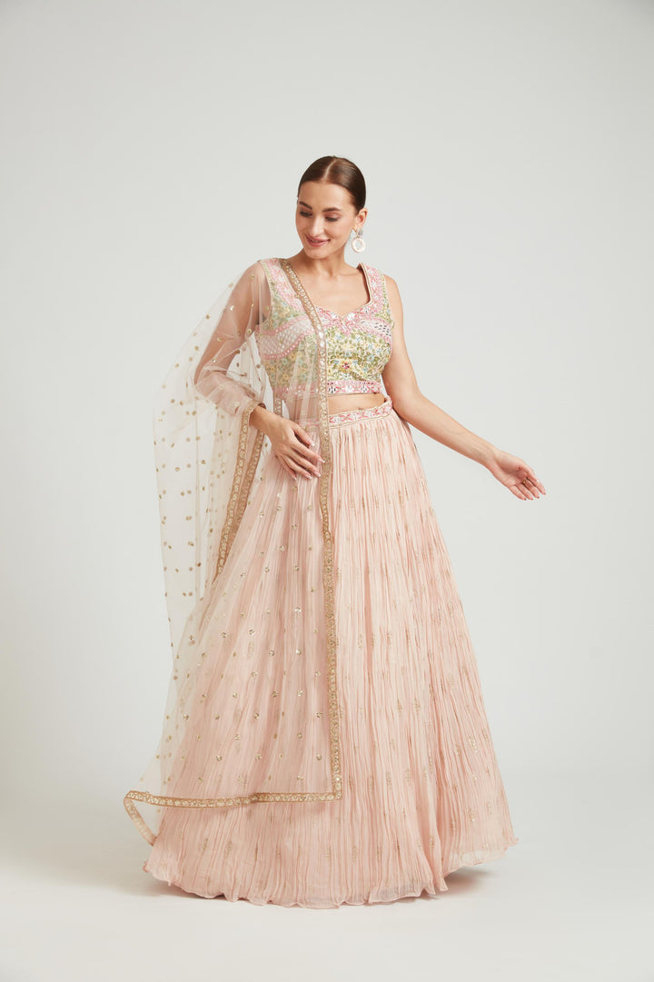 Neerus Peach Color Georgette Fabric Lehenga Choli