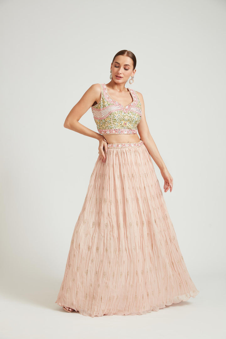 Neerus Peach Color Georgette Fabric Lehenga Choli