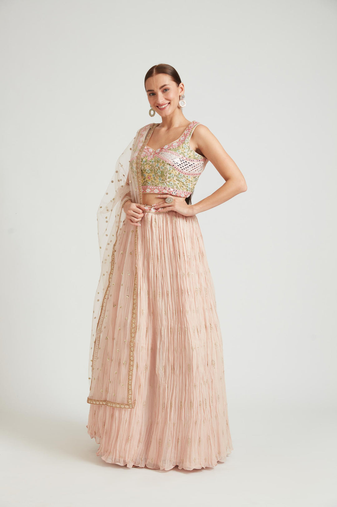 Neerus Peach Color Georgette Fabric Lehenga Choli