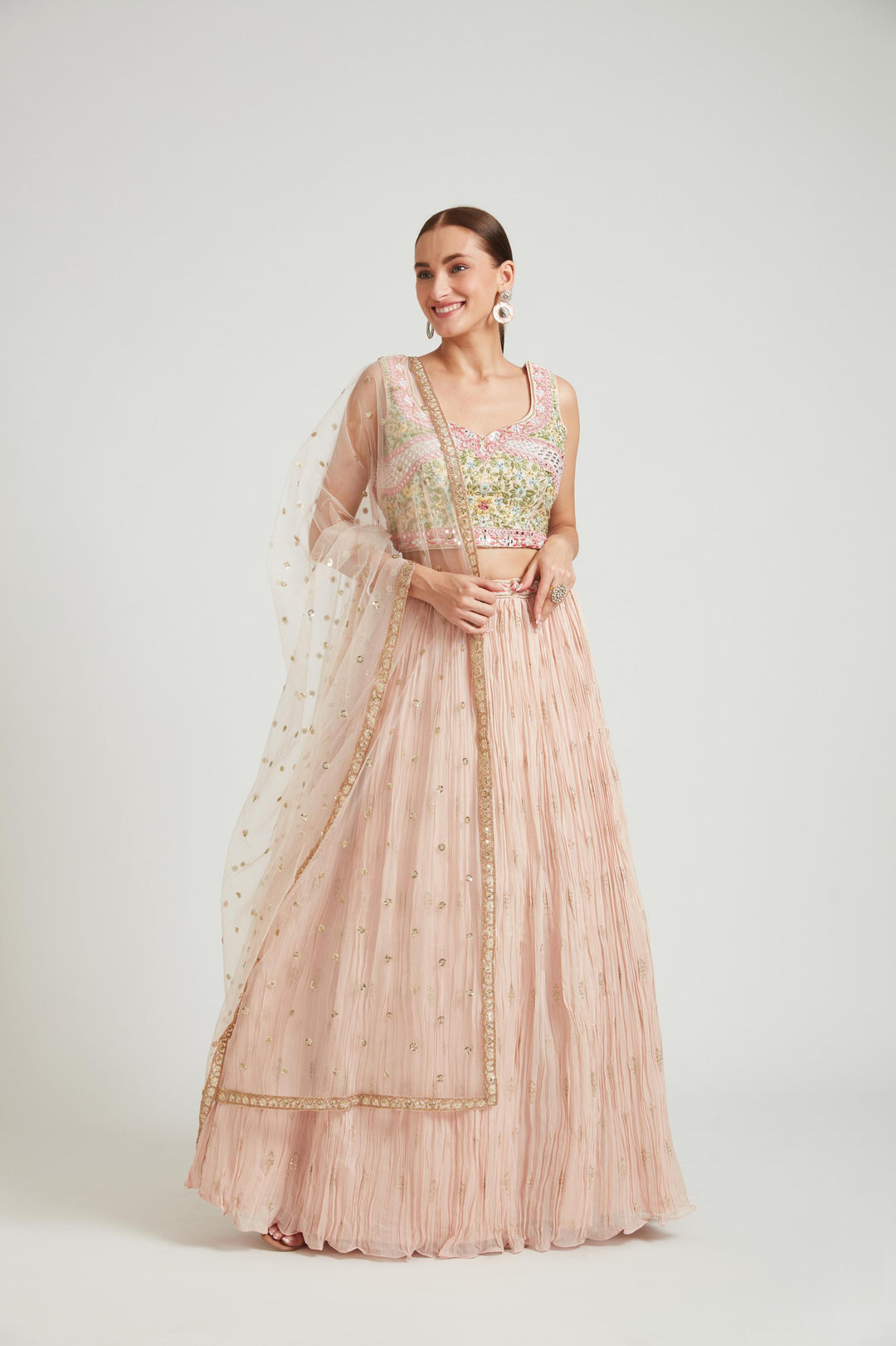 Neerus Peach Color Georgette Fabric Lehenga Choli