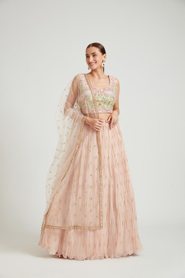 Neerus Peach Color Georgette Fabric Lehenga Choli