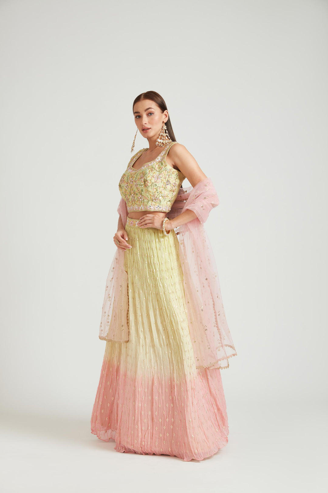 Neerus Lemon Color Georgette Fabric Lehenga Choli