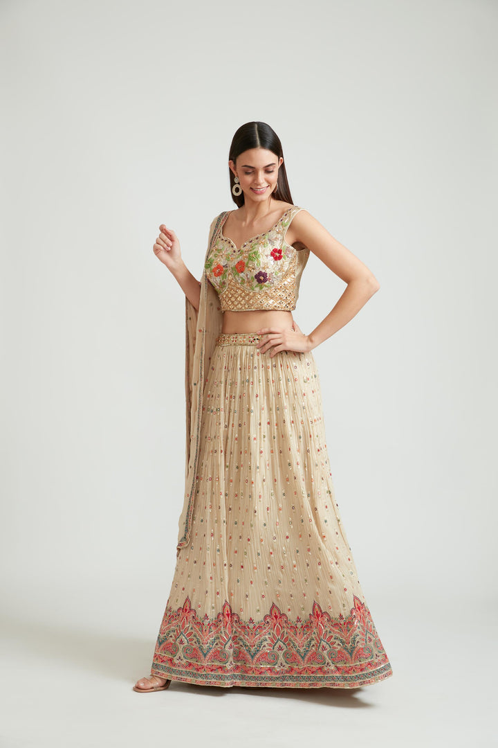 Neerus Beige Color Georgette Fabric Lehenga Choli