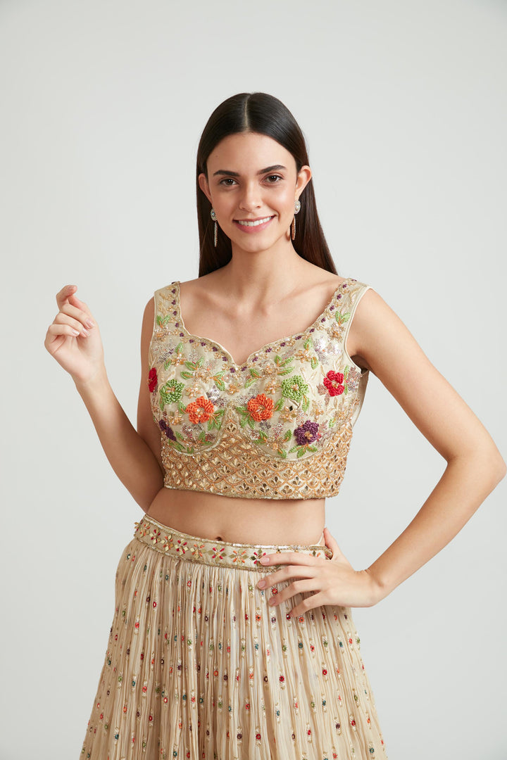 Neerus Beige Color Georgette Fabric Lehenga Choli