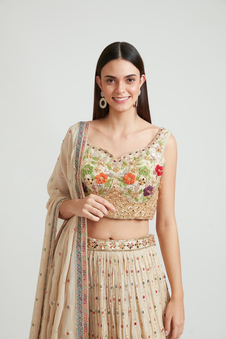 Neerus Beige Color Georgette Fabric Lehenga Choli