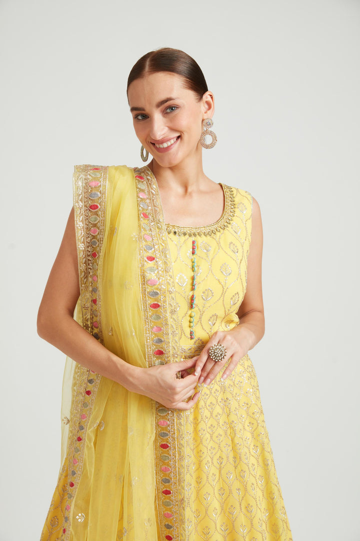 Neerus Yellow Color Georgette Fabric Salwar Kameez