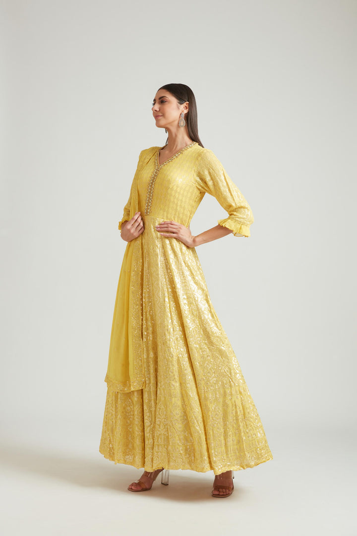Neerus Yellow Color Georgette Fabric Salwar Kameez