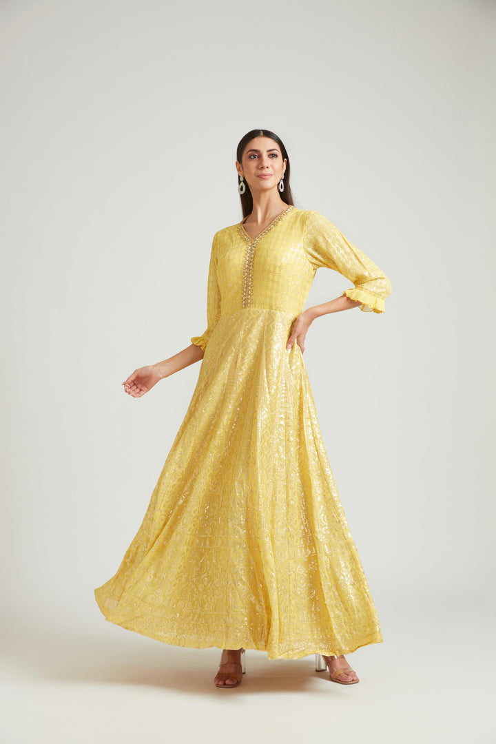 Neerus Yellow Color Georgette Fabric Salwar Kameez