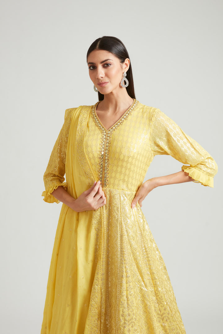 Neerus Yellow Color Georgette Fabric Salwar Kameez