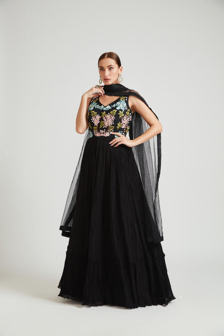 Neerus Black Color Georgette Fabric Kurta Set