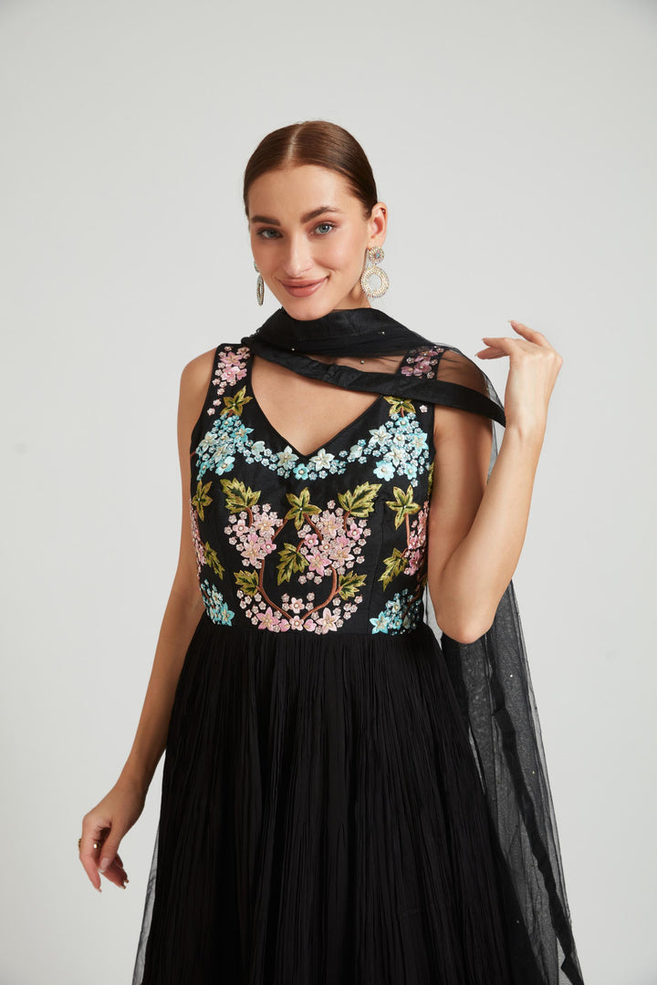 Neerus Black Color Georgette Fabric Kurta Set