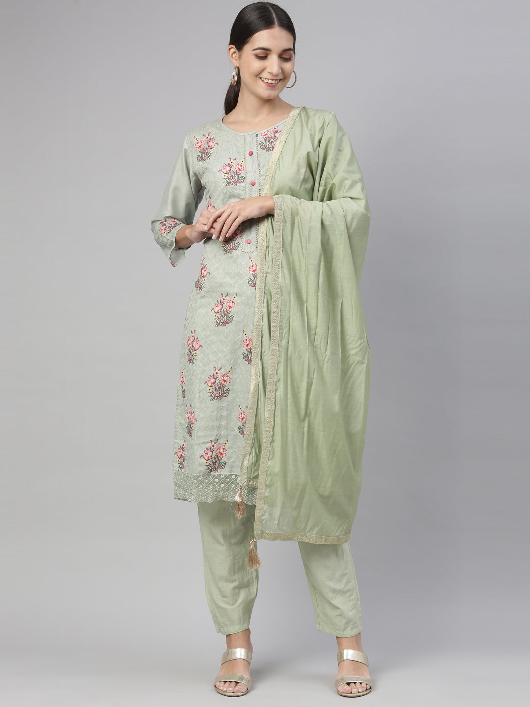 Neerus Pista Color Chanderi Fabric Kurta Set