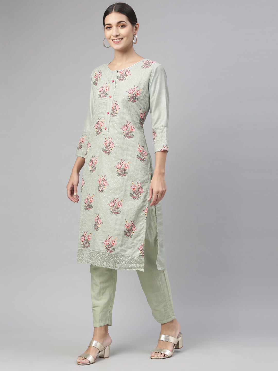 Neerus Pista Color Chanderi Fabric Kurta Set