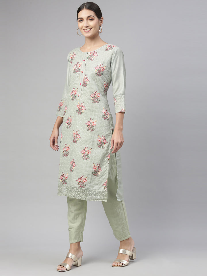 Neerus Pista Color Chanderi Fabric Kurta Set