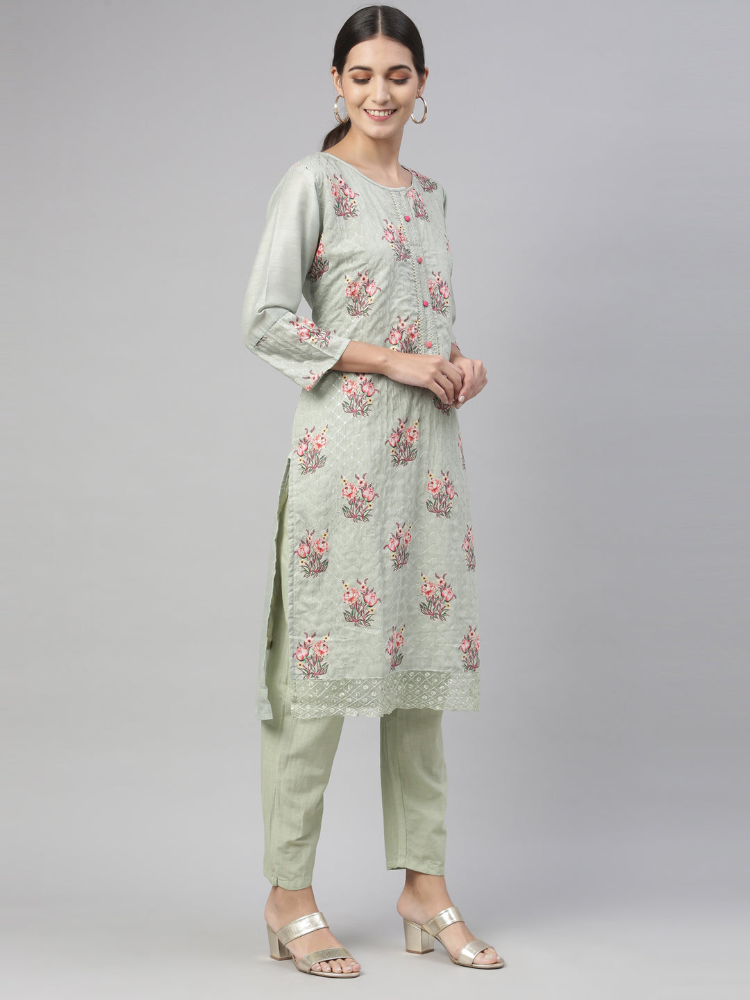 Neerus Pista Color Chanderi Fabric Kurta Set
