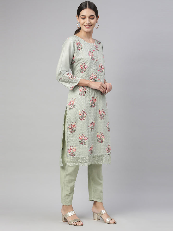 Neerus Pista Color Chanderi Fabric Kurta Set