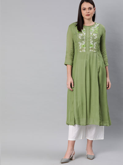 Neeru's Women Green Embroidered A-Line Kurta