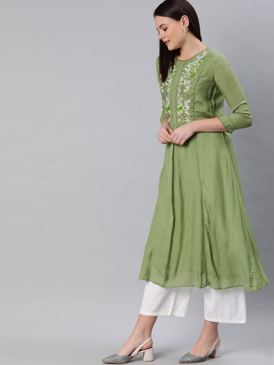 Neeru's Women Green Embroidered A-Line Kurta