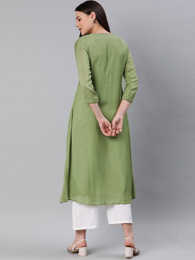 Neeru's Women Green Embroidered A-Line Kurta