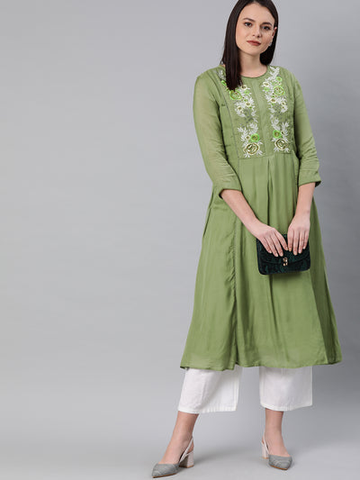 Neeru's Women Green Embroidered A-Line Kurta